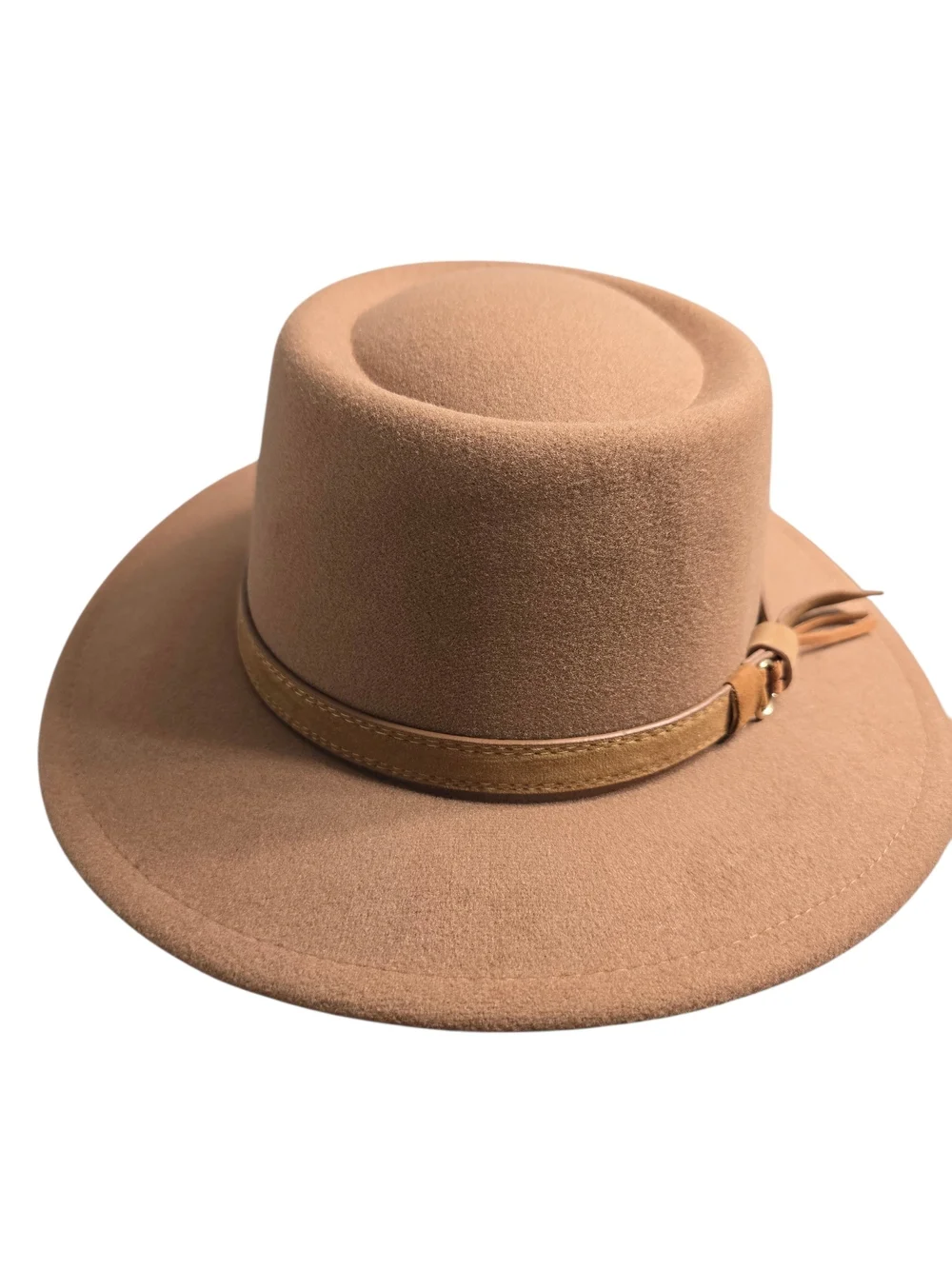 Camel Women's Wool Felt Boater Hat with Leather Band
